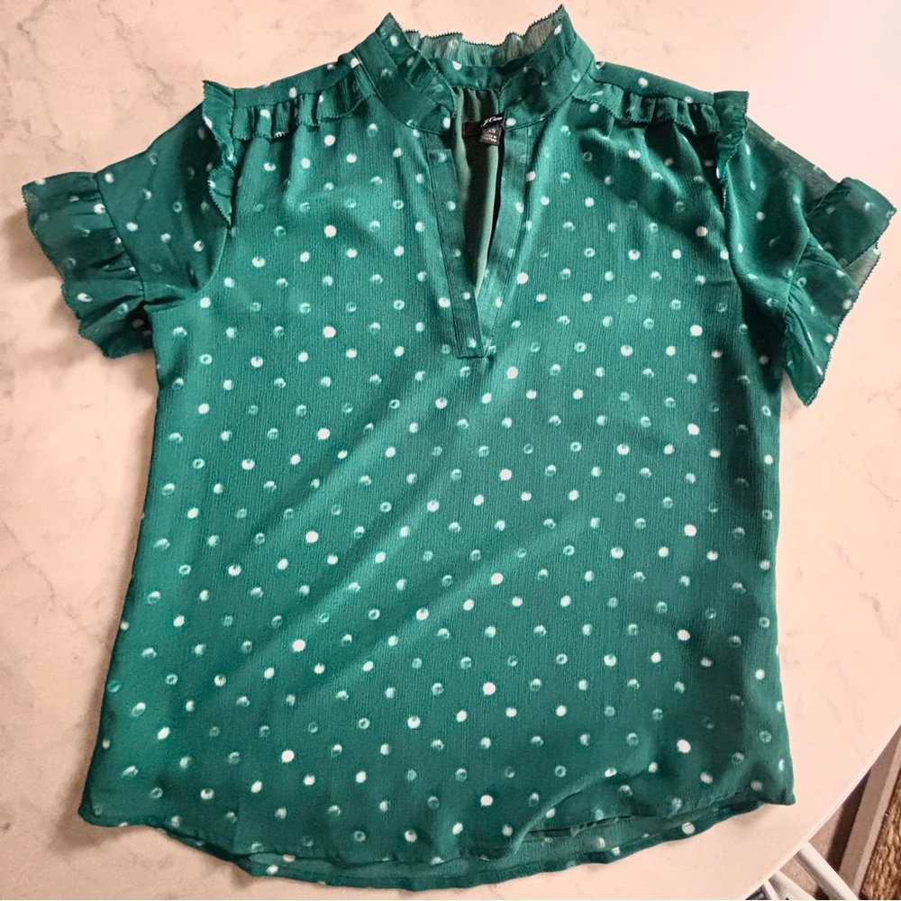 J. Crew Green Polka Dot Blouse with Ruffle Sleeves